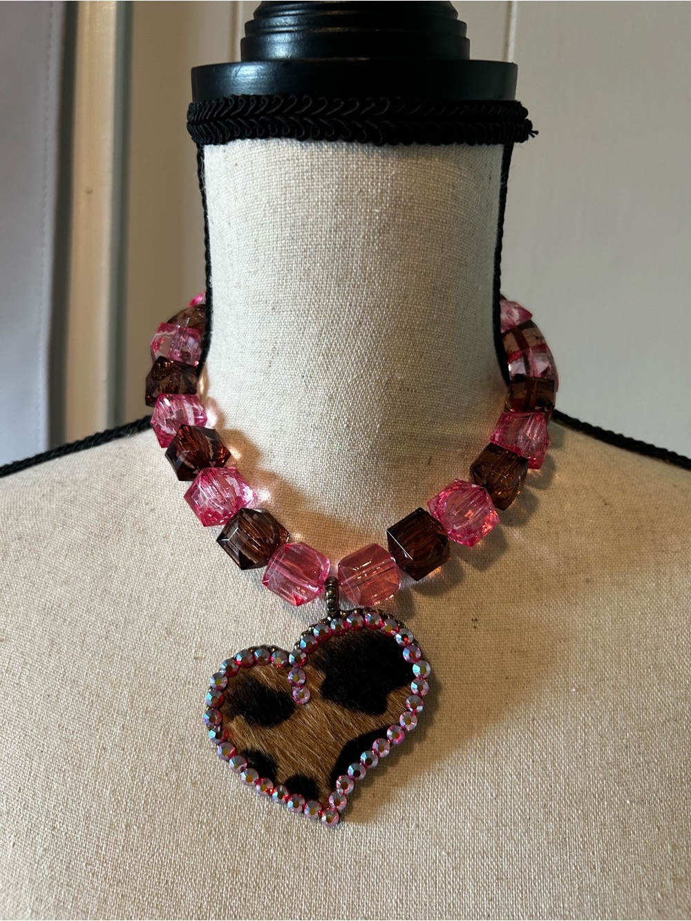 Cowhide Cheetah Heart Acrylic Swarovski Necklace